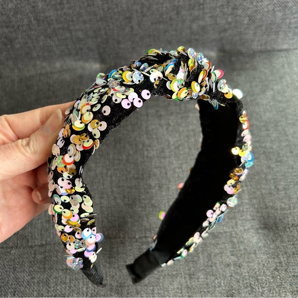 Colorful, Sparkly Sequined Knot Headband, Black, Multi Colored, Rainbow - Picture 3 of 8